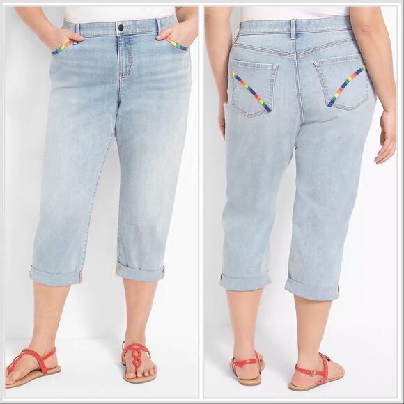 Lane Bryant Signature Fit Boyfriend Capri - Pride Embroidered Light Wash Size 20 - Picture 1 of 12